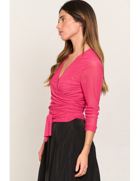 Chaqueta corta cruzada de tul fucsia lazada BMB & Co. vista lado