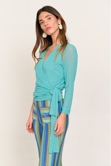 Chaqueta cruzada turquesa de tul con lazada BMB & Co. vista lateral