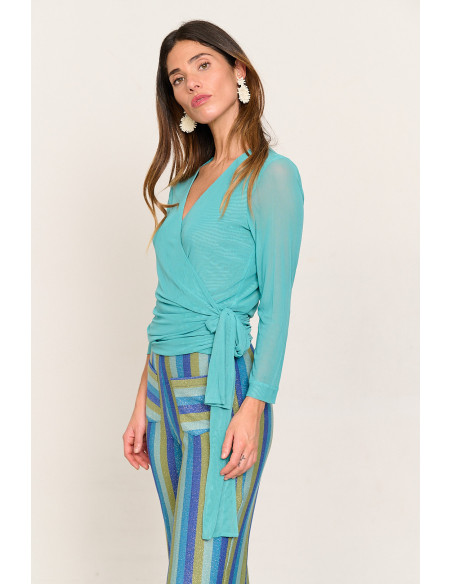 Chaqueta cruzada turquesa de tul con lazada BMB & Co. vista lateral