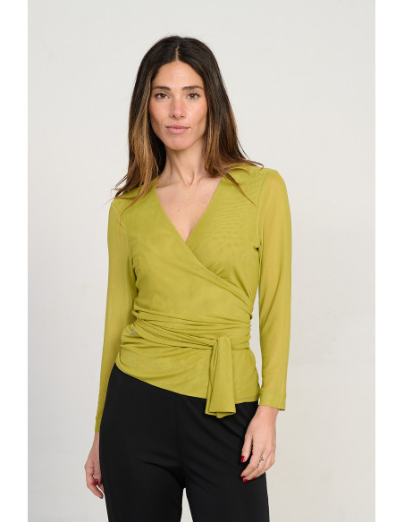 Chaqueta cruzada verde de tul con lazada BMB & Co. vista frontal