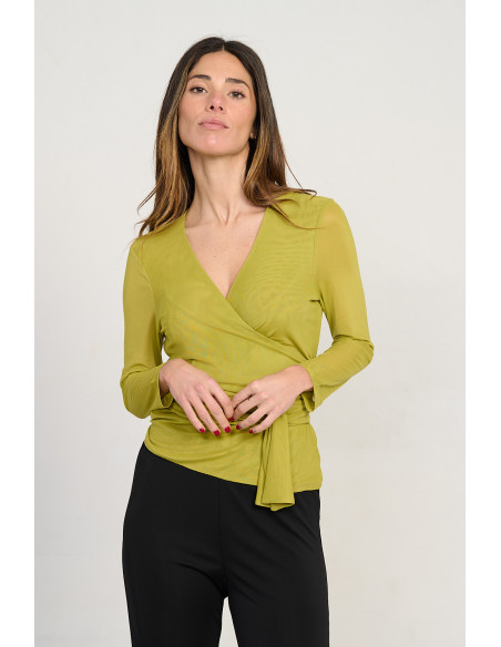 Chaqueta cruzada verde de tul con lazada BMB & Co. vista zoom