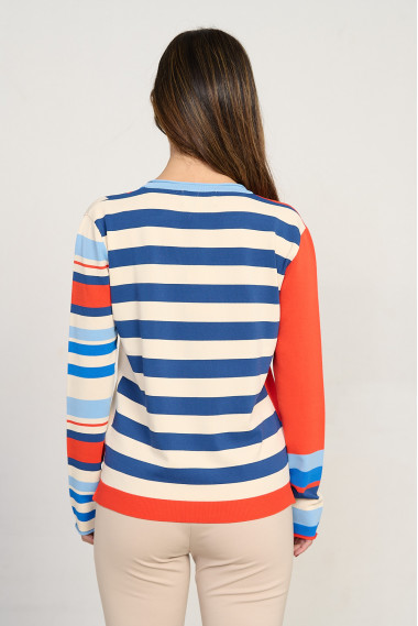 Jersey de punto fino con escote en pico en tonos naranja y rayas BMB & Co. vista trasera