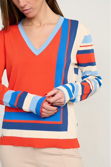 Jersey de punto fino con escote en pico en tonos naranja y rayas BMB & Co. vista escote