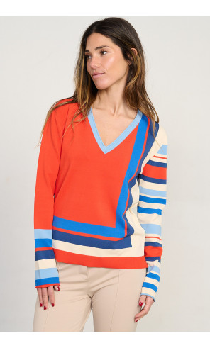 Jersey de punto fino con escote en pico en tonos naranja y rayas BMB & Co. vista delantera