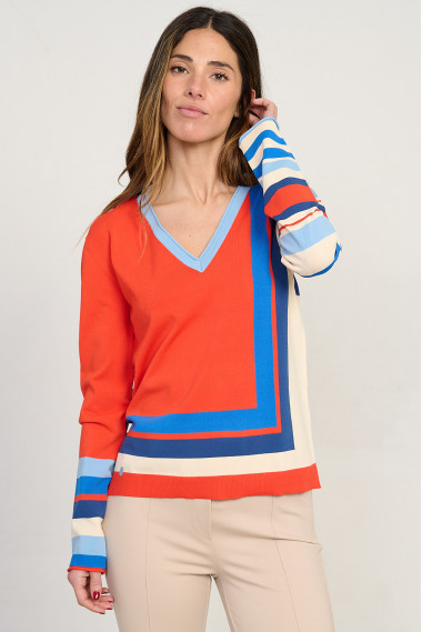 Jersey de punto fino con escote en pico en tonos naranja y rayas BMB & Co. vista frontal