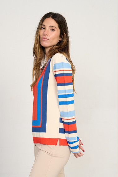 Jersey de punto fino con escote en pico en tonos naranja y rayas BMB & Co. vista lateral