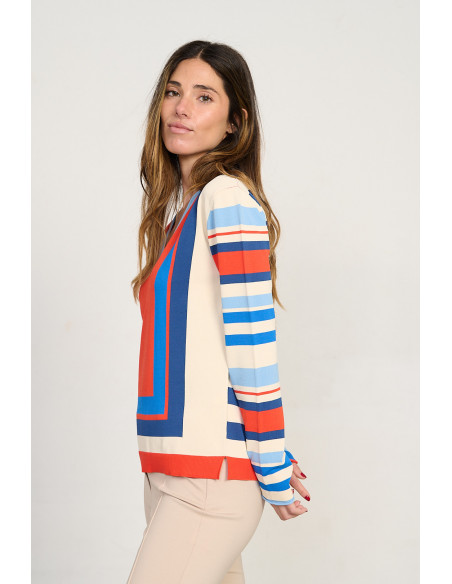 Jersey de punto fino con escote en pico en tonos naranja y rayas BMB & Co. vista lateral