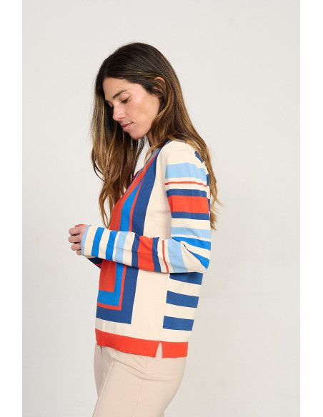 Jersey de punto fino con escote en pico en tonos naranja y rayas BMB & Co. vista lado