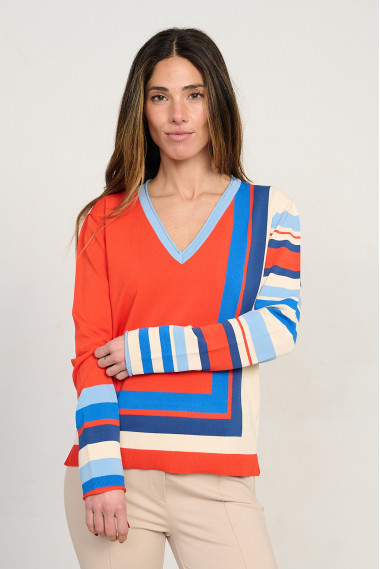 Jersey de punto fino con escote en pico en tonos naranja y rayas BMB & Co. vista front