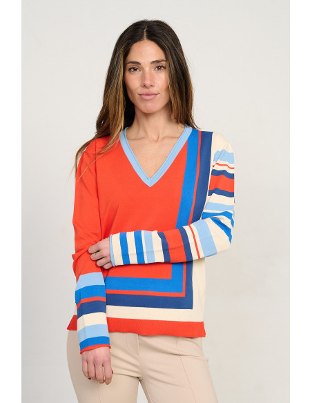 Jersey de punto fino con escote en pico en tonos naranja y rayas BMB & Co. vista front