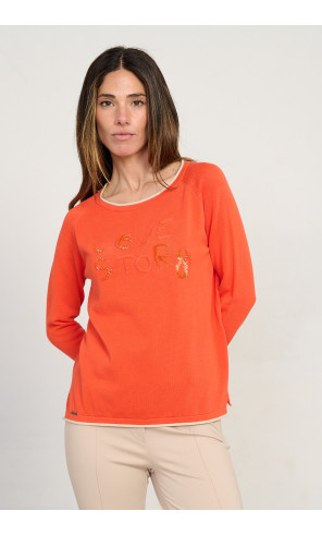 Jersey naranja escote redondo algodón GOTS con abalorios BMB & Co. vista delantera
