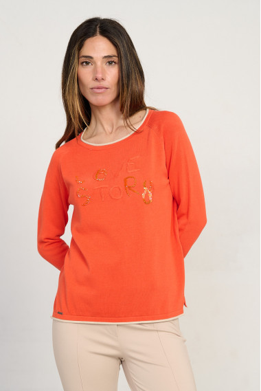 Jersey naranja escote redondo algodón GOTS con abalorios BMB & Co. vista delantera