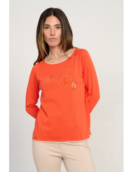 Jersey naranja escote redondo algodón GOTS con abalorios BMB & Co. vista delantera