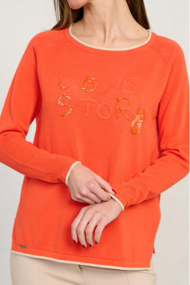 Jersey naranja escote redondo algodón GOTS con abalorios BMB & Co. vista detalle