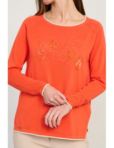 Jersey naranja escote redondo algodón GOTS con abalorios BMB & Co. vista detalle