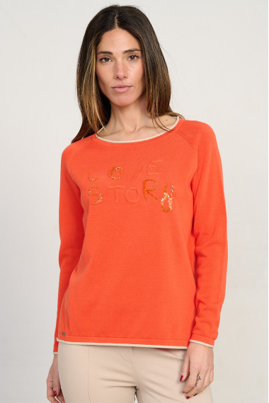 Jersey naranja escote redondo algodón GOTS con abalorios BMB & Co. vista frontal