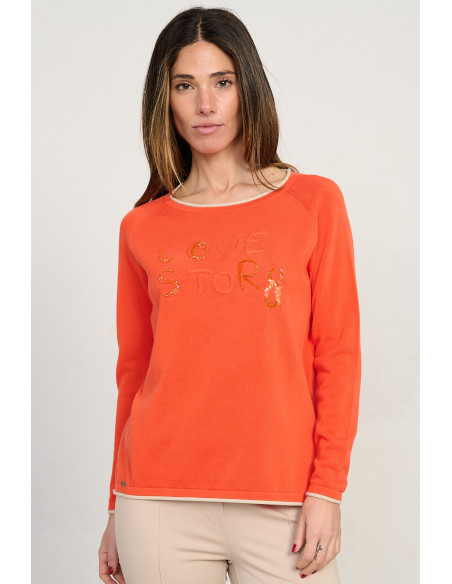 Jersey naranja escote redondo algodón GOTS con abalorios BMB & Co. vista frontal