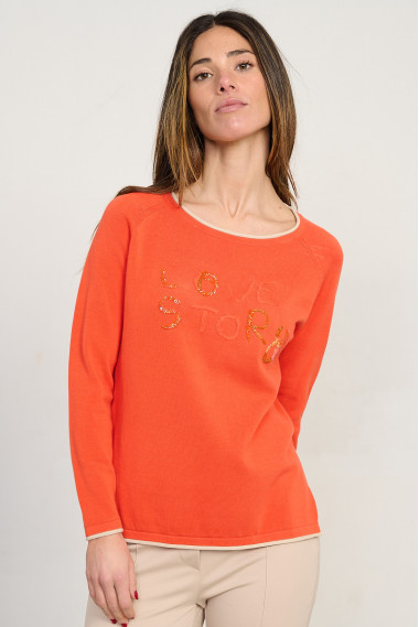 Jersey naranja escote redondo algodón GOTS con abalorios BMB & Co. vista front