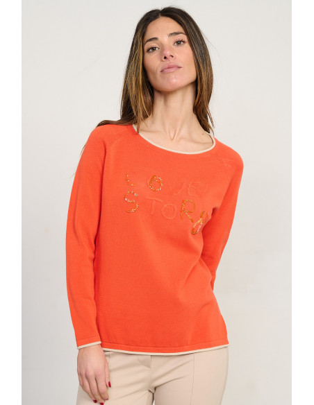 Jersey naranja escote redondo algodón GOTS con abalorios BMB & Co. vista front