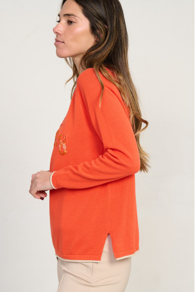 Jersey naranja escote redondo algodón GOTS con abalorios BMB & Co. vista lateral