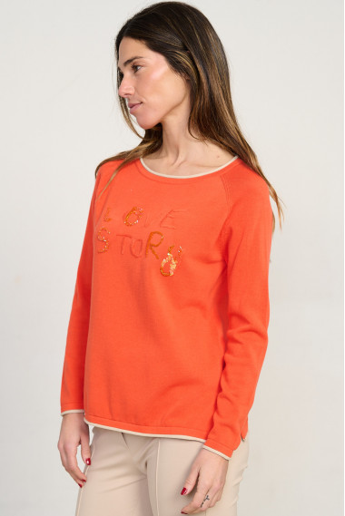 Jersey naranja escote redondo algodón GOTS con abalorios BMB & Co. vista lado