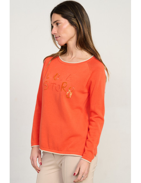 Jersey naranja escote redondo algodón GOTS con abalorios BMB & Co. vista lado