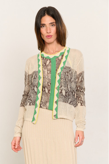 Chaqueta punto calado algodón GOTS print serpiente  BMB & Co. vista delantera