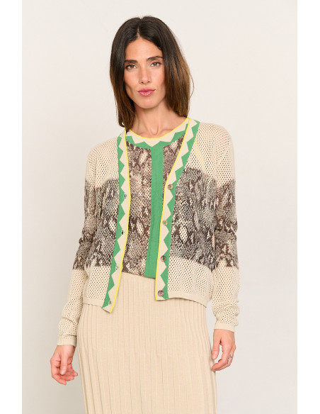 Chaqueta punto calado algodón GOTS print serpiente  BMB & Co. vista delantera