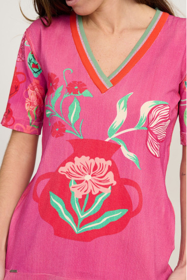 Jersey estampado jarrones escote pico manga corta BMB & Co. vista detalle