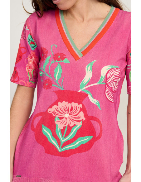 Jersey estampado jarrones escote pico manga corta BMB & Co. vista detalle