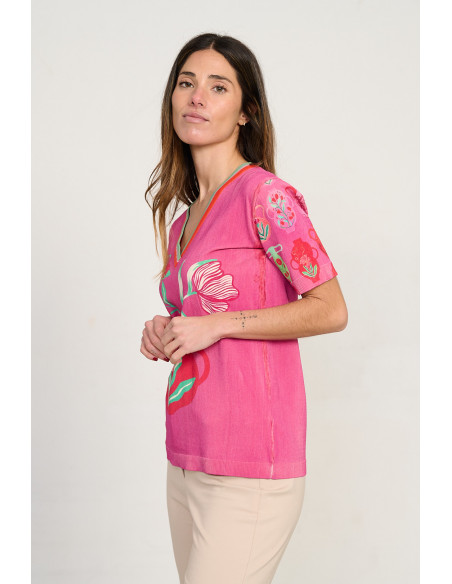 Jersey estampado jarrones escote pico manga corta BMB & Co. vista lado