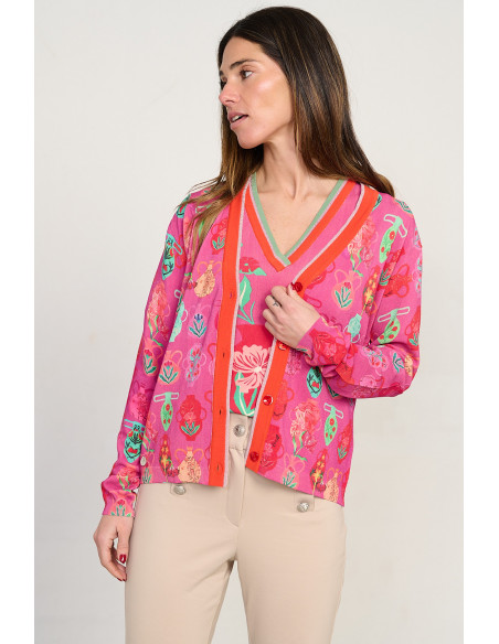 Chaqueta corta estampado jarrones escote pico manga corta BMB & Co. vista delantera