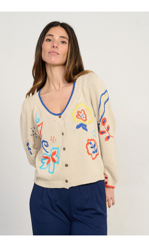 Cardigan corto algodon GOTS con bordados BMB & Co. vista delantera