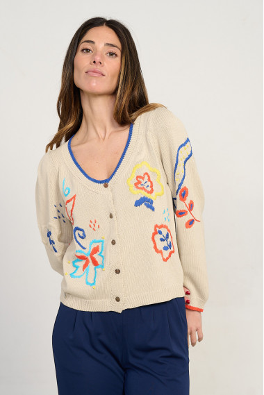 Cardigan corto algodon GOTS con bordados BMB & Co. vista delantera