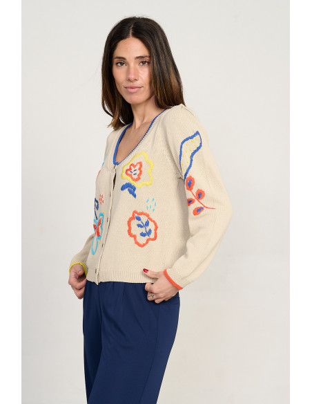 Cardigan corto algodon GOTS con bordados BMB & Co. vista lado