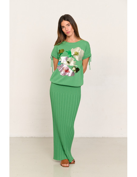 Falda larga verde de algodon GOTS canalés BMB & Co. vista look