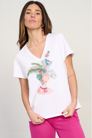 Camiseta de algodón cruda escote en pico con chica y abalorios BMB & Co. vista front