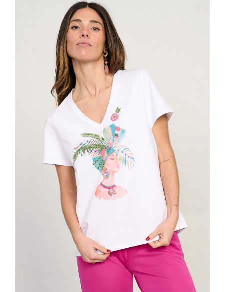 Camiseta de algodón cruda escote en pico con chica y abalorios BMB & Co. vista front