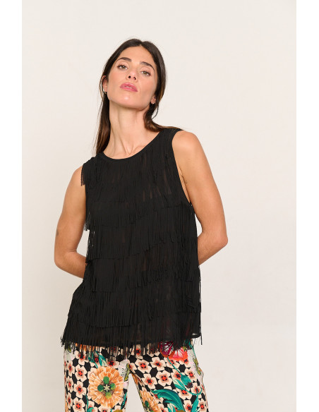 Top sin mangas negro con flecos BMB & Co. vista front