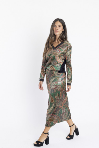 Falda Midi Print Con Lentejuelas BMB & Co.