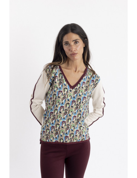 Jersey Fino Con Print Geométrico y Escote En Pico BMB & Co.