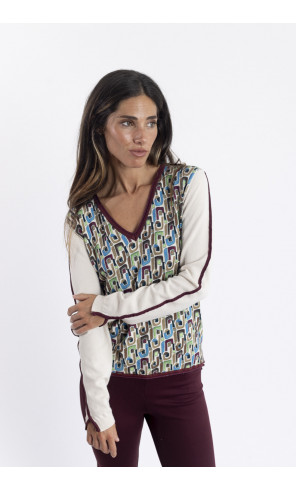 Jersey Fino Con Print Geométrico y Escote En Pico BMB & Co.