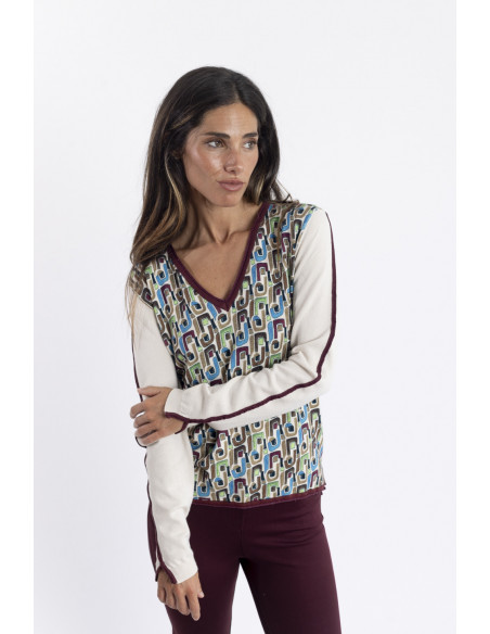 Jersey Fino Con Print Geométrico y Escote En Pico BMB & Co.