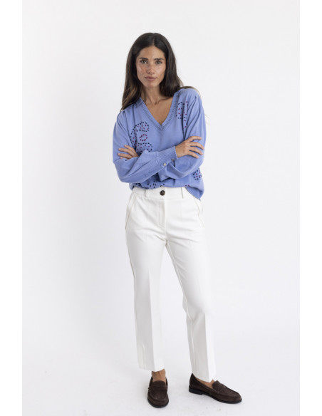 Jersey Azul Escote Pico Lana Con Bordados BMB & Co.