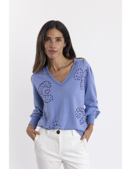 Jersey Azul Escote Pico Lana Con Bordados BMB & Co.