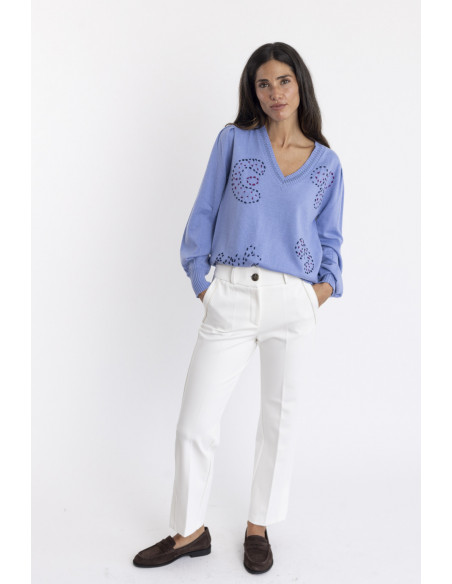 Jersey Azul Escote Pico Lana Con Bordados BMB & Co.