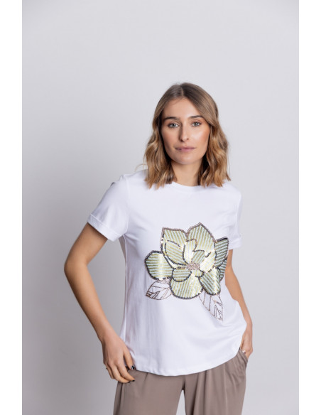 Camiseta Algodón Con Flor Lentejuelas BMB & Co.