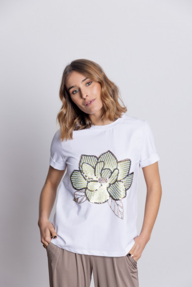 Camiseta Algodón Con Flor Lentejuelas BMB & Co.