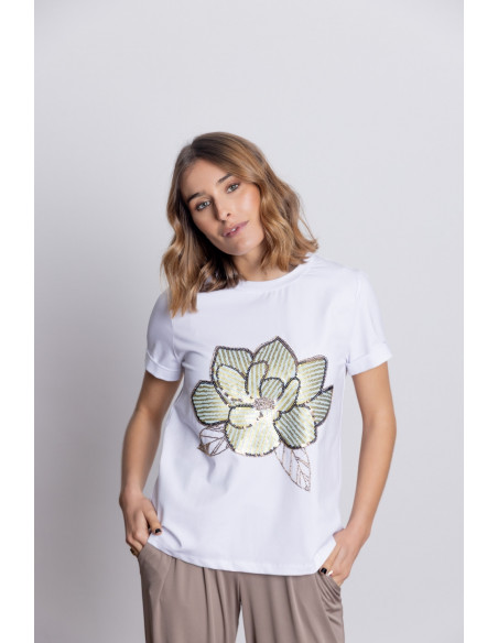 Camiseta Algodón Con Flor Lentejuelas BMB & Co.