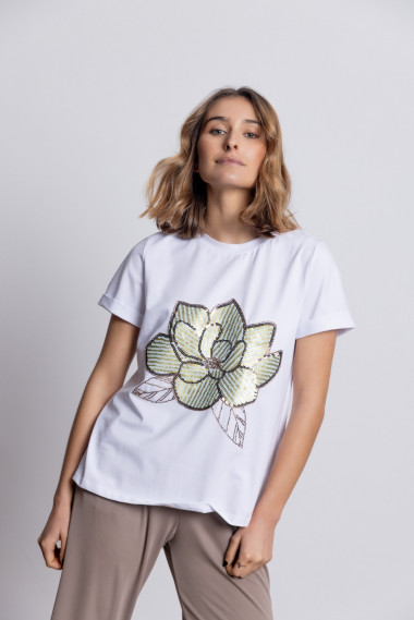 Camiseta Algodón Con Flor Lentejuelas BMB & Co.
